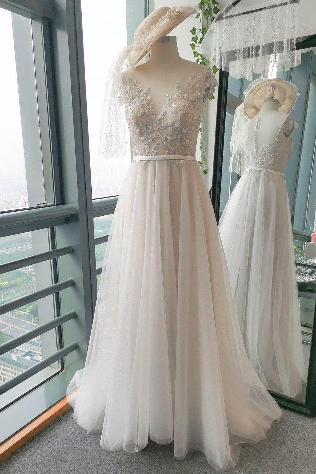 A-Line Sweep-Brush Train Lace Tulle Wedding Dress CW2739 - COCOMELODY